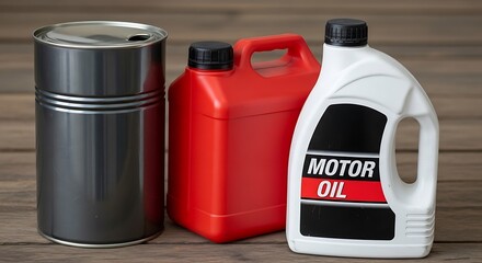 Motor oil with fuel cans, and wood background.