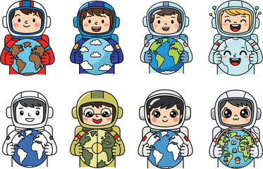 Set of eight colorful cartoon astronauts holding different Earth designs, promoting global unity, environmental awareness, and space exploration vector illustration