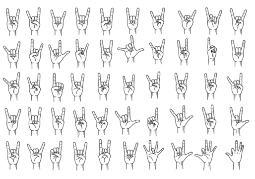 Isolated White Hand Gesture Rock And Roll Sign Collection On Black Background - Powered by Adobe