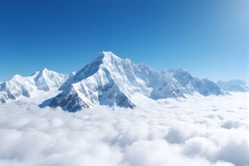 Obraz premium Majestic snow-capped mountains above clouds under clear blue sky.