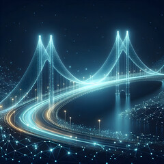Futuristic Digital Bridge with Glowing Light Trails and Smart City Network Design