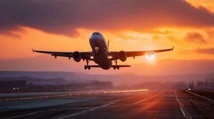 Fototapeta premium airplane taking off sunset sky