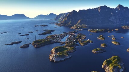 Reine, norway, aerial view during golden hour, lofoten islands - Powered by Adobe