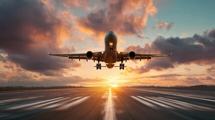 Naklejka premium airplane landing sunset sky clouds