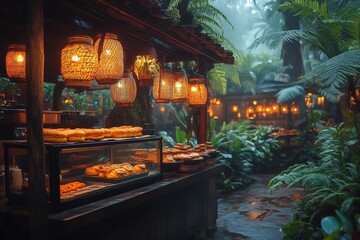 Cozy bakery nestled in lush greenery during a misty morning