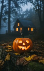 Glowing jack-o-lantern on a bed of autumn leaves under moonlit trees