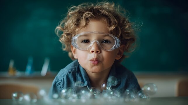Young boy in safety goggles blows bubbles in a science classroom