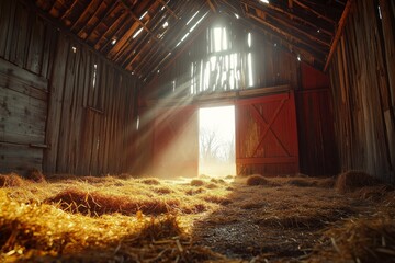 Warm sunlight streams through the open barn door illuminating straw on the wooden floor at dawn
