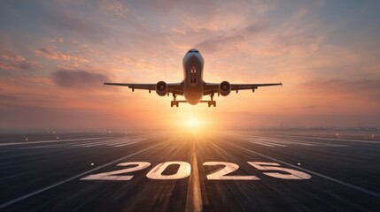 Fototapeta premium airplane taking off year 2025 sunset