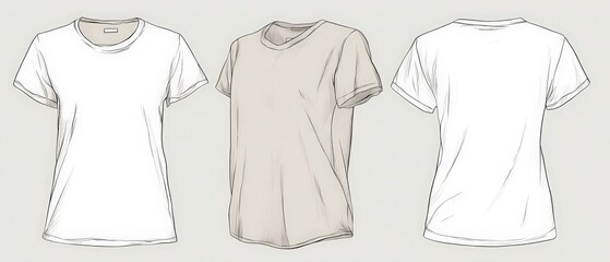 Minimalist vector template of ladies t shirt flat sketch with tech pack annotations clear outlines of fashion construction lines and fit perfect for digital fashion portfolios