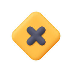 Fototapeta premium Black cross on yellow diamond rhombus button. Close, delete, reject symbol. User interface concept. 3d vector icon. Cartoon minimal style.