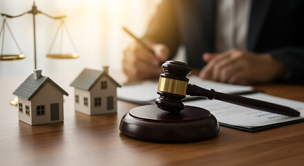 Real estate law concept with miniature houses, gavel, and scales of justice on a wooden desk, symbolizing legal decisions and property disputes resolution