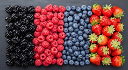 A vibrant arrangement of fresh blackberries, raspberries, blueberries, and strawberries displayed in neat rows on a dark surface.