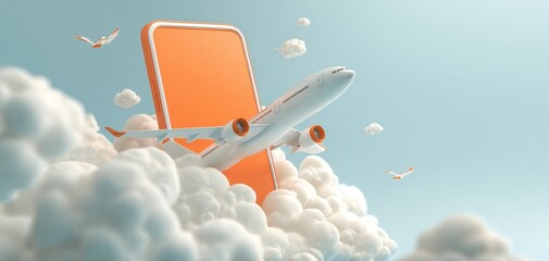The airplane emerging from a smartphone above fluffy clouds in a bright sky.