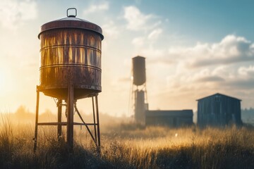 Rusty water tank in a scenic field during golden hour near an old barn and distant water tower
