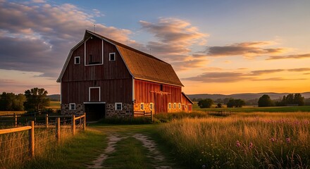 Obraz premium Sunset Barn with Rural Landscape.