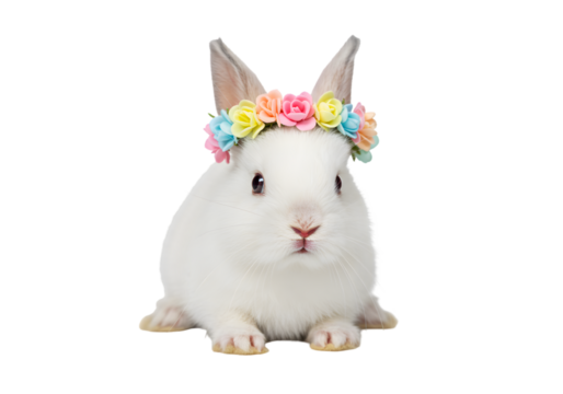 Isolated White Rabbit With Floral Crown Photo On Transparent Background