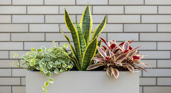 Modern Indoor Outdoor Container Garden with Snake Plant Variegated Foliage and Trailing Plants on Gray Tile Wall