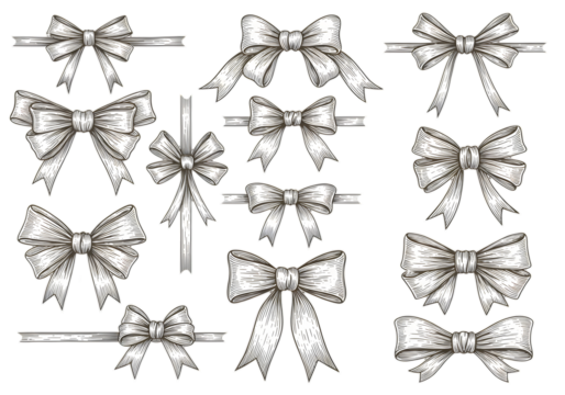 Isolated White Ribbon Bow Illustrations On Black Background