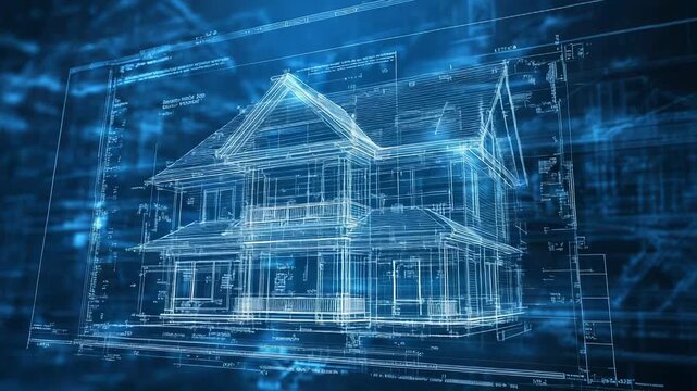 Futuristic hologram of a two story house project showing architectural plans