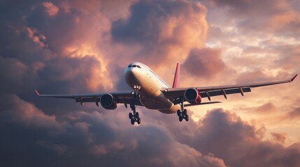 Obraz premium airplane descending sunset cloudscape