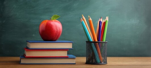 The colorful stationery and apple on books in a classroom setting.