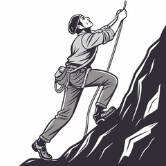 Obraz premium Black and white illustration of a man rock climbing a jagged mountain with a rope and gear mountaineering