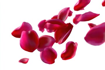Dancing Petals: A cascade of vibrant red rose petals gracefully swirl against an unseen background, their delicate forms and rich color creating an atmosphere of elegance and beauty.