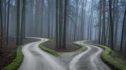 Fork in the road symbolizing choice and decision making in a moody forest