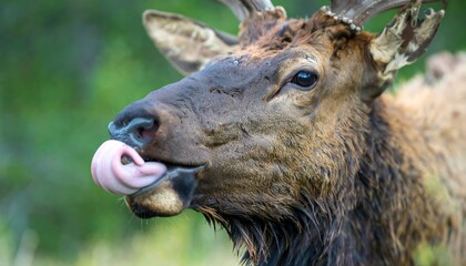 Fototapeta premium Elk with pink tongue close up