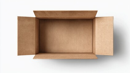 Top down view of an empty open brown cardboard box isolated on a white background.
