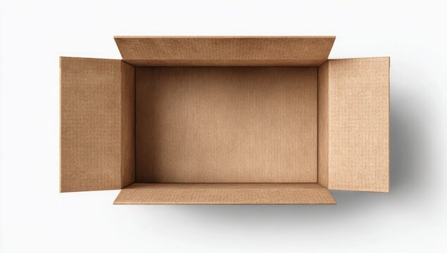 Top down view of an empty open brown cardboard box isolated on a white background.