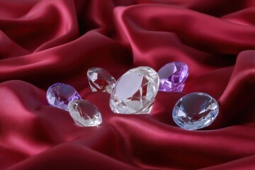 Sparkling Gems on Velvet: Several brilliant-cut gemstones are artfully arranged upon a rich velvet background, casting a shimmering display of luxury and elegance.