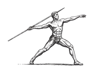 Isolated White Silhouette of Athletic Man Throwing Spear against Black Background