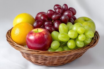 Assortment of Fresh Fruits in a Woven Basket: A close-up still life featuring a delightful arrangement of fresh fruits, including red apple, green apple, orange, grapes, and a lemon.