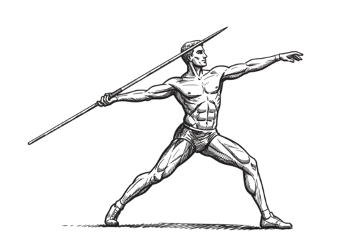 Isolated White Silhouette of Athletic Man Throwing Spear against Black Background - Powered by Adobe