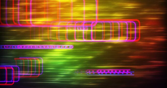 Neon trail elements background pack seamless 4K technology loop. Retro submerged smoke fast anime speed lines moving, with elements traveling back and forth. Digital time travel portal cyberpunk vj bg