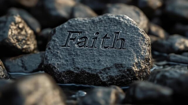 A Close-Up View of a Stone with the Word "Faith" Engraved, Symbolizing Belief and Spirituality
