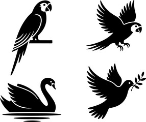 Obraz premium Bird Silhouette Collection – Parrot, Swan, Dove, and Flying Bird