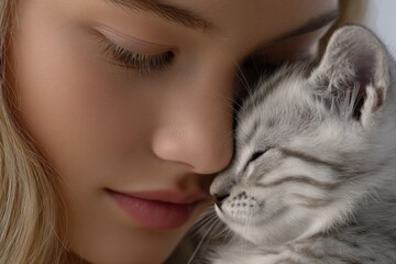 Affectionate Bond: A serene close-up reveals a young person's tender embrace with a cuddly kitten, expressing unconditional love and companionship.