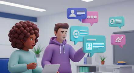 Cartoon Style Collaboration and Social Media Engagement Concept with Diverse Team and Communication Bubble Graphics Emphasizing Interaction