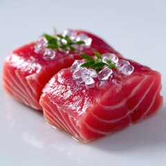 Exquisite Salmon Sashimi: Delicate salmon sashimi, meticulously arranged on a plate, adorned with sparkling ice, reflecting the fresh purity of fine dining. 