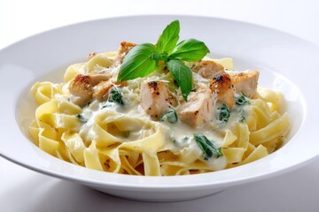 Pasta Delight: A culinary masterpiece featuring creamy fettuccine pasta, tender chicken pieces, vibrant basil leaves, and Parmesan, all artfully presented in an elegant dish.