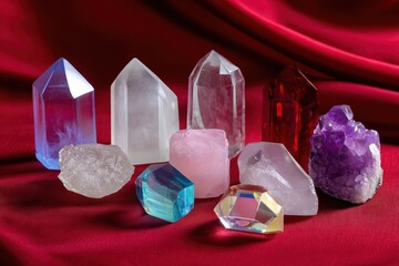 Mystical Crystals: A captivating array of radiant crystals, each reflecting a unique facet of nature's artistry. They lie upon a rich, crimson backdrop, revealing intricate details of gemlike forms. 