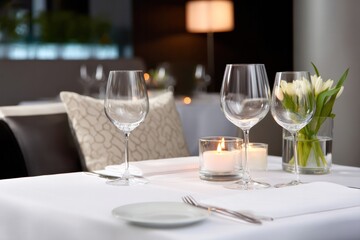Elegant Dining: Capturing the tranquil ambiance of an exquisite restaurant setting, the photo showcases pristine table arrangement, setting the stage for a memorable experience. 