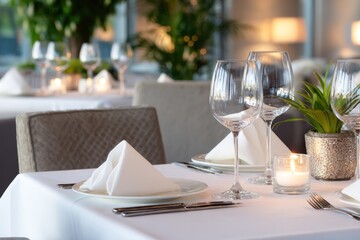 Elegant Restaurant Table Setting: A meticulously arranged table setting with pristine white linens, sparkling glassware, and delicate touches of greenery, creating an ambiance of refined dining.