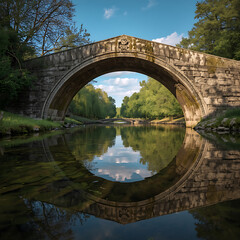 Obraz premium A stone arched bridge spans still water, mirroring a tranquil scene.