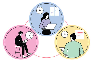 Three people in colorful circles working on laptops and checking clocks illustrating teamwork and time management concepts