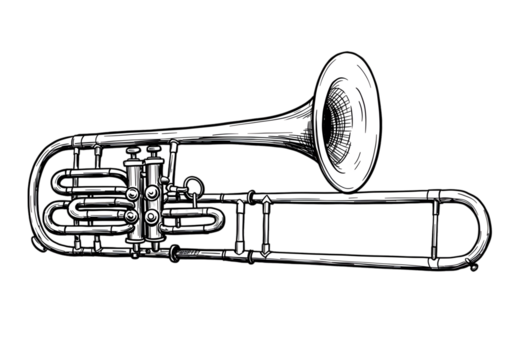 Isolated White Trombone Silhouette on Black Background Illustration