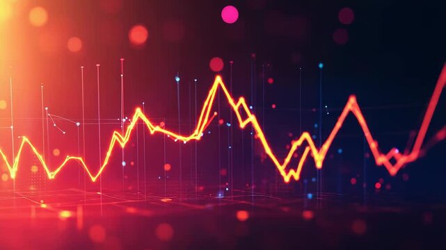 Glowing orange financial chart fluctuating on a red background - Powered by Adobe